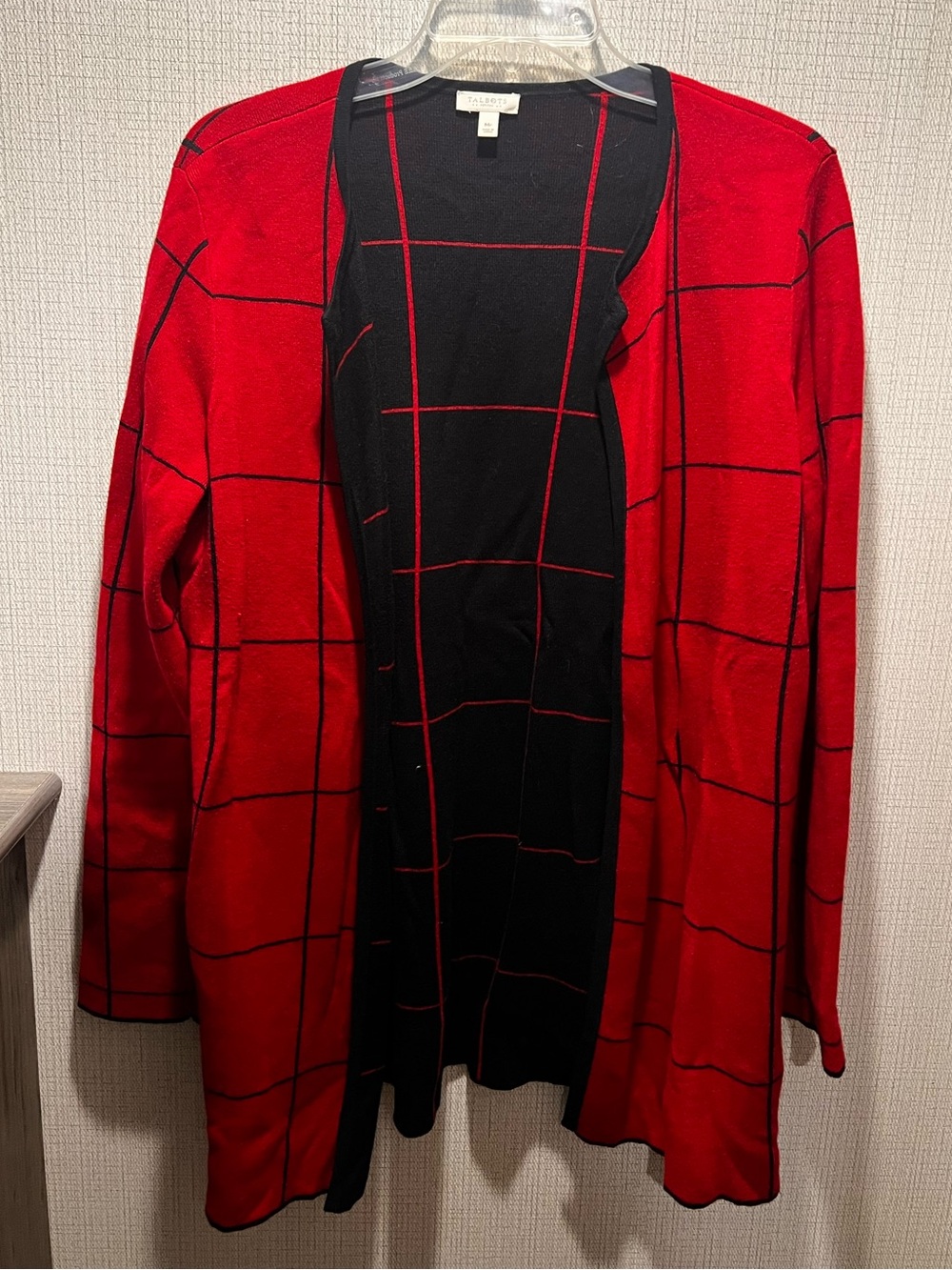 Talbots Petite Red Black Windowpane Open Front Cardigan Sweater MP